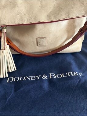 Dooney & Bourke Cream Leather Shoulder Bag with Brown Strap and Tassel
